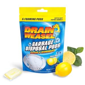 Drain Weasel Garbage Disposal Pods Cleaner and Deodorizer, Sink Odor Eliminator with Foaming Action, Septic-Safe Enzyme Formula, Fresh Lemon Scent, Pack of 5