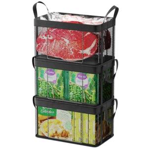 iSPECLE Freezer Organizer Bins, 3 Pack 15" Large Stackable Deep Freezer Organizer Bins for 5 to 7 Cu.Ft Chest Freezer, Sturdy Fabric & Stainless Steel for Meat & Vegetables, Easy Access, Black