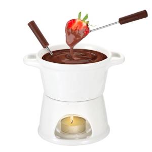 BSTKEY 300ML Ceramic Butter Warmer Set with 2 Forks, White Fondue Pot Melting Pot Set, Melt Hot Pot Bowl Set for Cheese Chocolate Butter Caramel