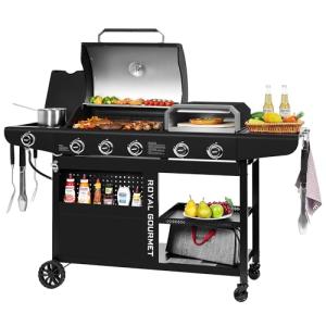Royal Gourmet ZH3004H 3-in-1 Premium Gas Grill and Pizza Oven Combo with Side Burner, 59,000 BTU, 5-Burner Propane Gas Grill, Pizza Grill Combo, for Backyard, Patio and Outdoor, Black