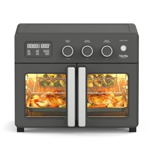 Martha Stewart French Door Air Fryer Toaster Oven Combo, 34QT Countertop Convection, 12-in-1, Bake, Broil, Roast, Fits 12” Pizza, Dehydrate, 5 Accessories, Air Fry Basket, Stainless Steel, Caviar Gray