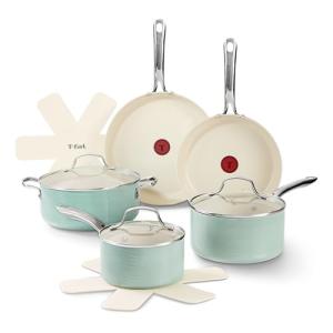 T-Fal Inspire Nonstick Ceramic Cookware Set, 10-Piece, Oven Safe to 500°F, Stockpot, Ceramic Pots and Pans Set, Frying Pans, Saucepans, Stockpot, Protectors, Mint Green