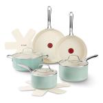T-Fal Inspire Nonstick Ceramic Cookware Set, 10-Piece, Oven Safe to 500°F, Stockpot, Ceramic Pots and Pans Set, Frying Pans, Saucepans, Stockpot, Protectors, Mint Green