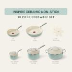 T-Fal Inspire Nonstick Ceramic Cookware Set, 10-Piece, Oven Safe to 500°F, Stockpot, Ceramic Pots and Pans Set, Frying Pans, Saucepans, Stockpot, Protectors, Mint Green