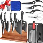 XYJ Kitchen Knives Set with Magnetic Knife Block, Cutting Board, Sharpener Rod, Scissors, Gloves, High Carbon Steel Blades, Bread Slicing Cleaver Vegetable Butcher Cooking Chef Knives
