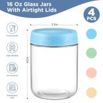 DRKIO 16 Oz Overnight Oats Containers with Lids - 4 Pack Glass Storage Jars with Airtight Lids Wide Mouth Mason Food Jars Great for Meal Prep Salad Chia Pudding Snacks Yogurt Sugar Spice Cereal