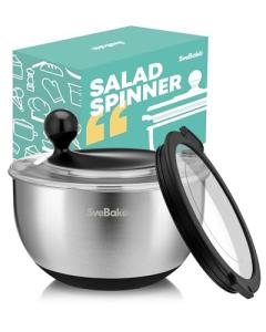 SveBake Stainless Steel Salad Spinner with Storage Lid, 5.3 Qt, BPA-Free, 4-in-1 Multi-Functional Lettuce Spinner, Fruit & Vegetable Washer, Easy Clean, Stop Button, Non-Slip Base