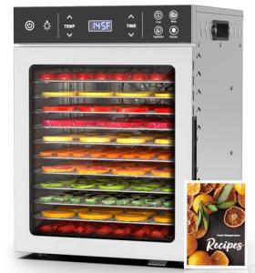 HOPERAN Food Dehydrator - 12 Stainless Steel Trays Dehydrators, 800W Electric Dehydrator Machine with 4 Presets, Digital Timer & Temperature Control for Herb, Dog Treats,Meats & Veggies (12 Trays)