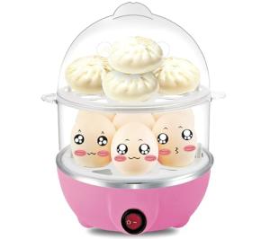 Egg Steamer, Two Layers Pink 6 Inch Diameter Plug-in Steamer for Egg, Corn, Stuffed Bun and Meal (Pink)