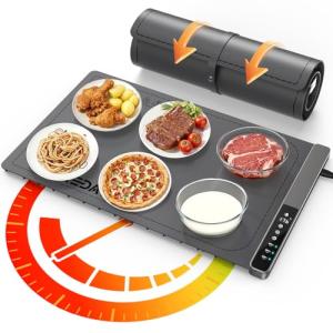 Food Warming Mat with 3-Zone Heating Mode, Redagod Electric Warming Tray with 9 Temperature & 8 Timer Settings, Hook and Roll Up Storage, Portable Countertop Food Heating Mat for Home Daily Use, Gray