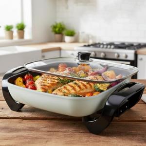 I-Keukenn 12" Ceramic Nonstick Electric Skillet with Tempered Vented Glass Lid, Scratch-Resistant Surface, Cool-Touch Handles, Removable Easy-to-Clean Design, 1200W, Vibrant Green