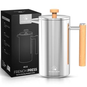 French Press Coffee Maker 304 Stainless Steel 34 Oz Large Double-Walled Insulated French Press Wood Handle 3 Level Filtration System For Kitchen, Camping & Gifting in Premium Box No Plastic