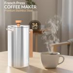 French Press Coffee Maker 304 Stainless Steel 34 Oz Large Double-Walled Insulated French Press Wood Handle 3 Level Filtration System For Kitchen, Camping & Gifting in Premium Box No Plastic