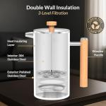 French Press Coffee Maker 304 Stainless Steel 34 Oz Large Double-Walled Insulated French Press Wood Handle 3 Level Filtration System For Kitchen, Camping & Gifting in Premium Box No Plastic