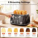Keenstone Toaster 4 Slice, Retro Stainless Steel Wide Slot Toaster with Dual Independent Controls, 6 Browning Levels, Bagel, Defrost, Reheat & Cancel, Removable Crumb Tray, Black
