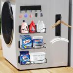 Magnetic Shelves for Washing Machine & Fridge Utentils Rack 5 Pack- Metal Heavy Duty Magnetic Shelf Magnetic Laundry Organizer with Hooks and Towel Holder for Magnetic Laundry Room Storage (Black)