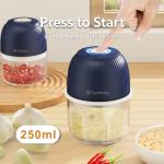Mini Food Processor Cordless, 250ml Small Garlic Chopper 1 Cup, Battery USB Rechargeable Electric Food Chopper Wireless, Portable Vegetable Meat Blender Kitchen Mixer for Onion, Salad, Baby Food(Blue)