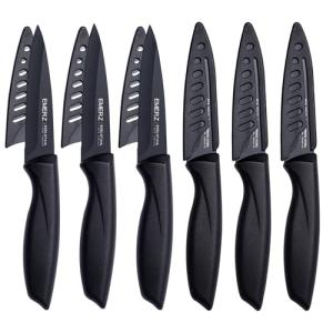 EMERZ Paring Knife with Cover Sheath, Black,3.5 Inch Stainless Steel Fruit and Vegetable Knife, Paring Knives Set of 6, Ultra Sharp Small Kitchen Knife with PP Plastic Ergonomic Handle.