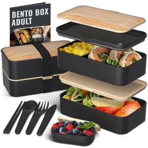 Bentoheaven Premium Bento Box Adult Lunch Box with Compartments for Women & Men, Set of Utensil & Chopsticks & Dip Container, Cute Japanese Kids Bento Lunch Box, Microwavable (Symph Onyx)