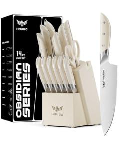 Haugo Kitchen Knife Set with Block: 14-Piece German Stainless Steel Full Tang Professional Knife - Comfortable Grip Reduces Hand Fatigue 30% - Dishwasher Safe & Sharpener - White Knife Set for Cooking