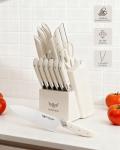 Haugo Kitchen Knife Set with Block: 14-Piece German Stainless Steel Full Tang Professional Knife - Comfortable Grip Reduces Hand Fatigue 30% - Dishwasher Safe & Sharpener - White Knife Set for Cooking