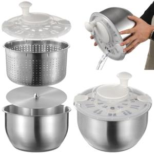 Large Stainless Steel Salad Spinner, Lettuce Spinner Vegetable Strainer Set, Fruit Straining Spinner with Self-Locking Lid