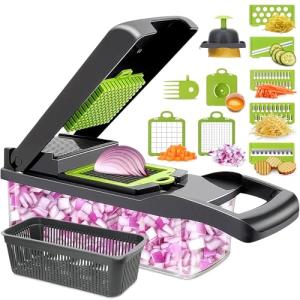 14-in-1 Vegetable Chopper with Container – Veggie Chopper with Container and Lid Includes 6 Blades, Cheese Grater, Egg Separator | Finger Guard, Dishwasher Safe – Veggie Dicer for Chips, Cubes, Strips