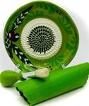 BonCera, All-in-one Premium Ceramic Garlic Grater Plate 4-Piece Set - Vintage Green Olive Design - For Garlic, Ginger, Chocolate, and more! - Comes with 5" Plate, Peeler, Brush, and Stand