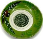 BonCera, All-in-one Premium Ceramic Garlic Grater Plate 4-Piece Set - Vintage Green Olive Design - For Garlic, Ginger, Chocolate, and more! - Comes with 5" Plate, Peeler, Brush, and Stand