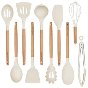Silicone 10 Pcs Kitchen Cooking Utensils Set, Recycled Materials Certification, BPA Free Spatula Set with Heat Resistant Wood Handles for Nonstick Cookware, Cream White