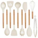 Silicone 10 Pcs Kitchen Cooking Utensils Set, Recycled Materials Certification, BPA Free Spatula Set with Heat Resistant Wood Handles for Nonstick Cookware, Cream White