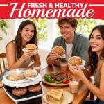 SugarWhisk 2 In 1 Hamburger Grill Maker, Electric Indoor Grill and Panini Press with Non-stick Grill Plates, 1200W, Easy to Clean and Store, White