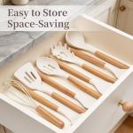 Silicone 10 Pcs Kitchen Cooking Utensils Set, Recycled Materials Certification, BPA Free Spatula Set with Heat Resistant Wood Handles for Nonstick Cookware, Cream White