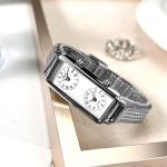 Gosasa Women’s Vintage Rectangle Watch Dual Time Zone Waterproof Ladies Quartz Analog Wristwatch with Two Dials, Roman & Arabic Numerals, Leather Strap for Travel & Business (Silver)