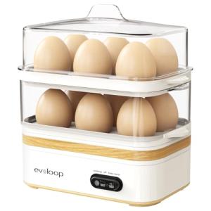Evoloop Rapid Egg Cooker Electric 12 Eggs Capacity, Soft, Medium, Hard Boiled, Poached, Omelet Maker Egg Poacher & Vegetable Steamer, BPA Free Tray（white）