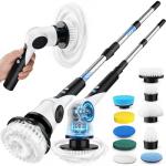 Electric Spin Scrubber, 3-Speed Shower Scrubber with Long Handle & 10 Replaceable Brush Heads, Cordless Shower Cleaner Brush with 90 Mins Runtime & Full-Body IPX7 Waterproof for Bathroom Kitchen
