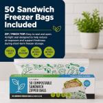 Lunchskins Ziptop BPI Certified Compostable & Resealable Freezer-Safe Food Storage Bags, Sandwich Size, 50 Bags - Eco-Friendly, Made Without PFAS and BPA