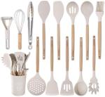 Silicone Kitchen Utensils Set 14pcs, Heat Resistant BPA Free Cooking Tools With Wooden Handles, Safe For Nonstick Cookaware, Beige