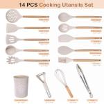 Silicone Kitchen Utensils Set 14pcs, Heat Resistant BPA Free Cooking Tools With Wooden Handles, Safe For Nonstick Cookaware, Beige