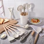 Silicone Kitchen Utensils Set 14pcs, Heat Resistant BPA Free Cooking Tools With Wooden Handles, Safe For Nonstick Cookaware, Beige