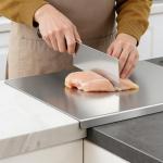 L-Shaped 304 Stainless Steel Cutting Board with Lip for Kitchen 15.7×11.8×0.06" Metal Chopping Board Double-Sided Use for Suitable for Meat Fruits Vegetables Bread (1Pack)