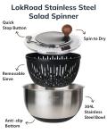 LokRoad Stainless Steel Salad Spinner, 5.3 Qt Large Lettuce & Vegetable Cleaner with Non-Slip Bottom, Quick Stop Button, Dishwasher Safe Fruit Washer, BPA-free, Black