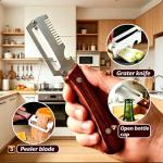 2-Pack Multifunctional Vegetable Peeler, 3 in 1 Kitchen Peeler with Wooden Handle, Grater & Bottle Opener for Potato, Carrot, Apple, Fruit & Vegetable