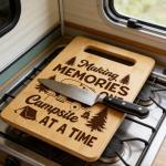 Happy Camper Bamboo Cutting Board for Rv CamperLovers, Small Camper Kitchen Essentials for Women Men, Camping Birthday Housewarming Gifts for Kitchen Decor, Making Memories One Campsite At a Time