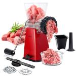 LHS Manual Meat Grinder with Stainless Steel Blades Heavy Duty Powerful Suction Base for Home Use Fast and Effortless for All Meats-Red