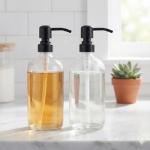 2 Pack Thick Clear Glass Pint Jar Soap Dispenser with Matte Black Stainless Steel Pump, 16ounce Clear Boston Round Bottles Dispenser with Rustproof Pump for Essential Oil, Lotion Soap