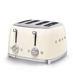 SMEG 4 Slice Toaster TSF03, Retro Stainless-Steel Toaster with Wide Slots for Bagels, 6 Browning Levels, Defrost Reheat Bagel Functions, Dual Controls, Crumb Trays, 1800W - TSF03CRUS - Cream