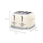 SMEG 4 Slice Toaster TSF03, Retro Stainless-Steel Toaster with Wide Slots for Bagels, 6 Browning Levels, Defrost Reheat Bagel Functions, Dual Controls, Crumb Trays, 1800W - TSF03CRUS - Cream