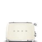 SMEG 4 Slice Toaster TSF03, Retro Stainless-Steel Toaster with Wide Slots for Bagels, 6 Browning Levels, Defrost Reheat Bagel Functions, Dual Controls, Crumb Trays, 1800W - TSF03CRUS - Cream