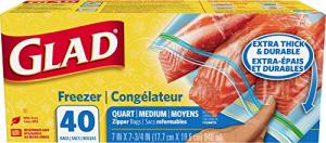 Glad Freezer Zipper Bags, Quart Size, 40 Count